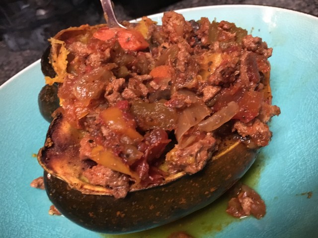 Acorn squash topped with chili